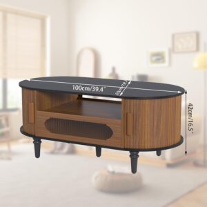 Fluted Round Coffee Table with Storage, Modern Oval Coffee Table with Drawer, Sliding Door, Low Small Center Tables for Living Room, Wooden Boho, Mid Century, Unique, Black and Walnut - Image 8