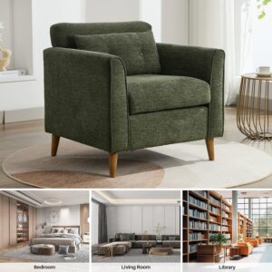 Modern Green Accent Chair with Wooden Legs Plush Fabric Armchair Mid-Century Modern Accent Armchair Cozy Reading Chair for Living Room, Bedroom, Study - Image 7