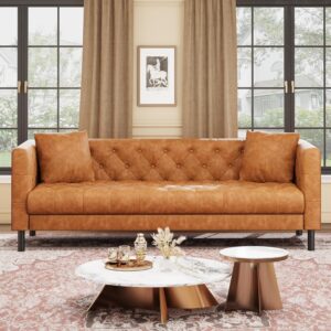 GarveeHome 81" Leather Couch for Living Room, Chesterfield Sofa with Deep Seat, Handmade Button Tufted 3 Seater Sofa, Modern Leather Sofa for Apartment, or Office, Cognac Tan - Image 1