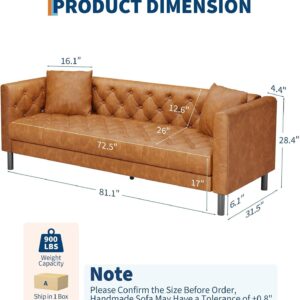 GarveeHome 81" Leather Couch for Living Room, Chesterfield Sofa with Deep Seat, Handmade Button Tufted 3 Seater Sofa, Modern Leather Sofa for Apartment, or Office, Cognac Tan - Image 2