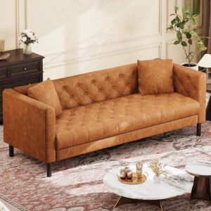 GarveeHome 81" Leather Couch for Living Room, Chesterfield Sofa with Deep Seat, Handmade Button Tufted 3 Seater Sofa, Modern Leather Sofa for Apartment, or Office, Cognac Tan - Image 3