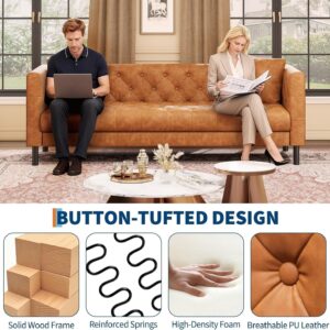 GarveeHome 81" Leather Couch for Living Room, Chesterfield Sofa with Deep Seat, Handmade Button Tufted 3 Seater Sofa, Modern Leather Sofa for Apartment, or Office, Cognac Tan - Image 4