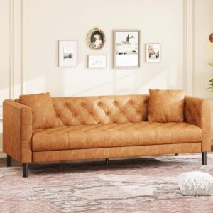 GarveeHome 81" Leather Couch for Living Room, Chesterfield Sofa with Deep Seat, Handmade Button Tufted 3 Seater Sofa, Modern Leather Sofa for Apartment, or Office, Cognac Tan - Image 8
