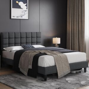 Yaheetech Queen Size Upholstered Tufted Bed Frame with Headboard, Dark Gray Sturdy engineered wood frame with linen fabric upholstery features a soft tufted headboard for easy assembly and support - Image 2