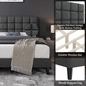Yaheetech Queen Size Upholstered Tufted Bed Frame with Headboard, Dark Gray Sturdy engineered wood frame with linen fabric upholstery features a soft tufted headboard for easy assembly and support - Image 4
