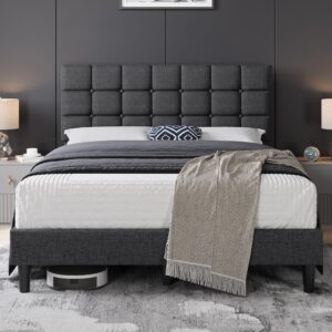 Yaheetech Queen Size Upholstered Tufted Bed Frame with Headboard, Dark Gray Sturdy engineered wood frame with linen fabric upholstery features a soft tufted headboard for easy assembly and support - Image 6