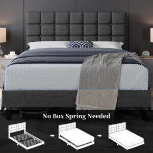 Yaheetech Queen Size Upholstered Tufted Bed Frame with Headboard, Dark Gray Sturdy engineered wood frame with linen fabric upholstery features a soft tufted headboard for easy assembly and support - Image 8