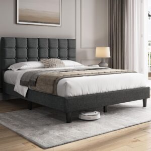 Yaheetech Queen Size Upholstered Tufted Bed Frame with Headboard, Dark Gray Sturdy engineered wood frame with linen fabric upholstery features a soft tufted headboard for easy assembly and support - Image 9