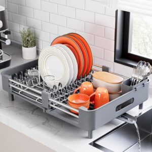 Urackify Extendable Stainless Dish Drying Rack for Kitchen Counter, Gray | 13.78"W x 18.7"L, Foldable Drainboard for Space Saving, Knife and Utensil Holder, Fast-draining Spout - Image 1
