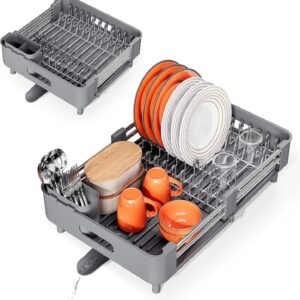 Urackify Extendable Stainless Dish Drying Rack for Kitchen Counter, Gray | 13.78"W x 18.7"L, Foldable Drainboard for Space Saving, Knife and Utensil Holder, Fast-draining Spout - Image 2