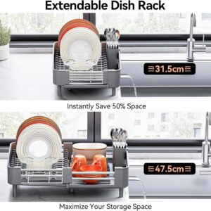 Urackify Extendable Stainless Dish Drying Rack for Kitchen Counter, Gray | 13.78"W x 18.7"L, Foldable Drainboard for Space Saving, Knife and Utensil Holder, Fast-draining Spout - Image 7