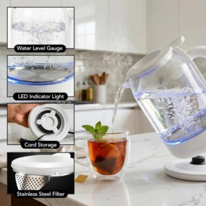 OVENTE 1.5L Glass Electric Kettle Water Boiler, White KG516W | 1500W Fast Boiling, Easy Fill Lid, Stainless Steel Filter, LED Indicator, Auto Shut-Off, Boil-Dry Protection, 360° Base - Image 3