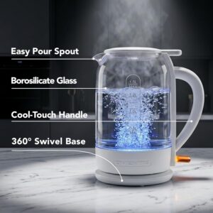 OVENTE 1.5L Glass Electric Kettle Water Boiler, White KG516W | 1500W Fast Boiling, Easy Fill Lid, Stainless Steel Filter, LED Indicator, Auto Shut-Off, Boil-Dry Protection, 360° Base - Image 4