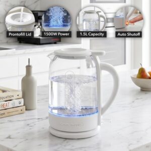 OVENTE 1.5L Glass Electric Kettle Water Boiler, White KG516W | 1500W Fast Boiling, Easy Fill Lid, Stainless Steel Filter, LED Indicator, Auto Shut-Off, Boil-Dry Protection, 360° Base - Image 6