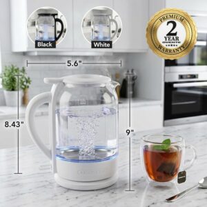 OVENTE 1.5L Glass Electric Kettle Water Boiler, White KG516W | 1500W Fast Boiling, Easy Fill Lid, Stainless Steel Filter, LED Indicator, Auto Shut-Off, Boil-Dry Protection, 360° Base - Image 7