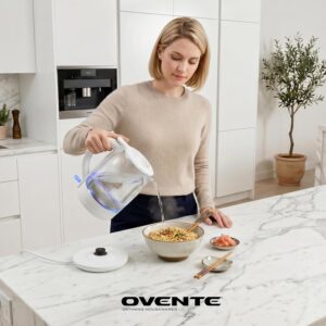 OVENTE 1.5L Glass Electric Kettle Water Boiler, White KG516W | 1500W Fast Boiling, Easy Fill Lid, Stainless Steel Filter, LED Indicator, Auto Shut-Off, Boil-Dry Protection, 360° Base - Image 8