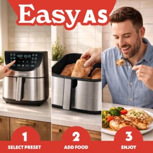 Gourmia Air Fryer - 8 Qt Extra Large Capacity, FryForce360º, Digital Display with 12 Presets, Roast, Bake, Broil, Dehydrate, Dishwasher Safe Accessories, Stainless Steel - Image 3
