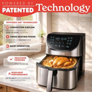 Gourmia Air Fryer - 8 Qt Extra Large Capacity, FryForce360º, Digital Display with 12 Presets, Roast, Bake, Broil, Dehydrate, Dishwasher Safe Accessories, Stainless Steel - Image 7
