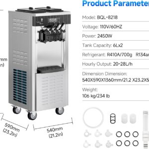 Soft Serve Ice Cream Machine,28 QT/H Yield 2450W Vertical Commercial Ice Cream Machine With 2x6L Hopper 3 Dispensers,LCD Panel Auto Clean Pre-cooling,Frozen Yogurt Maker for Restaurant Snack Bar - Image 2