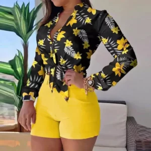 Women's Shorts Suit Summer Fashion Sexy V Neck Long Sleeve Shirts Slim Wear A Belt Elegant Female Blouse Office Two Piece Set - Image 2