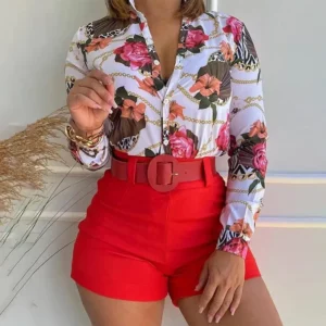 Women's Shorts Suit Summer Fashion Sexy V Neck Long Sleeve Shirts Slim Wear A Belt Elegant Female Blouse Office Two Piece Set - Image 5