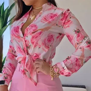 Women's Shorts Suit Summer Fashion Sexy V Neck Long Sleeve Shirts Slim Wear A Belt Elegant Female Blouse Office Two Piece Set - Image 6