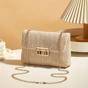 Woven Straw Handwoven Women's Shoulder Bag, Fashion Solid Color Crossbody Purse with Lock Closure - Image 2