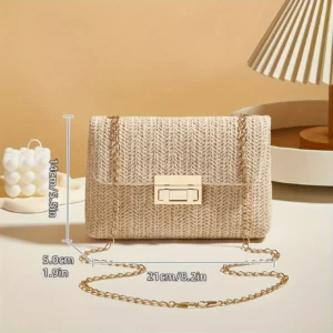 Woven Straw Handwoven Women's Shoulder Bag, Fashion Solid Color Crossbody Purse with Lock Closure - Image 3