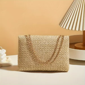 Woven Straw Handwoven Women's Shoulder Bag, Fashion Solid Color Crossbody Purse with Lock Closure - Image 4