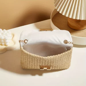 Woven Straw Handwoven Women's Shoulder Bag, Fashion Solid Color Crossbody Purse with Lock Closure - Image 5
