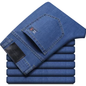 Summer New Elastic Men's Jeans Fashion Comfortable Business Straight Stretch Cotton Casual Denim Pants Brand Male Thin Trousers - Image 2