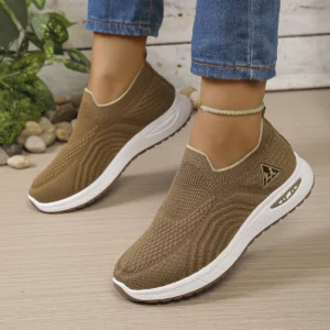 Simple Casual Slip-On Knit Sneakers, Smooth Ribbed Ankle Opening, Raised Wavy Knit Texture, Elevated Sole Daily Wear Footwear - Image 1
