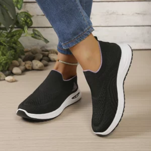 Simple Casual Slip-On Knit Sneakers, Smooth Ribbed Ankle Opening, Raised Wavy Knit Texture, Elevated Sole Daily Wear Footwear - Image 5