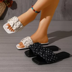 Vintage Polka Dot Gathered Strap Slide Sandals, Ladies Open Square Toe Flat Casual Daily Wear Slip On Summer Slippers - Image 7