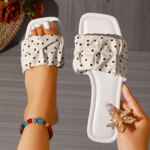 Vintage Polka Dot Gathered Strap Slide Sandals, Ladies Open Square Toe Flat Casual Daily Wear Slip On Summer Slippers - Image 6