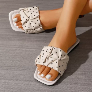 Vintage Polka Dot Gathered Strap Slide Sandals, Ladies Open Square Toe Flat Casual Daily Wear Slip On Summer Slippers - Image 4