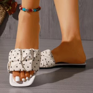 Vintage Polka Dot Gathered Strap Slide Sandals, Ladies Open Square Toe Flat Casual Daily Wear Slip On Summer Slippers - Image 3