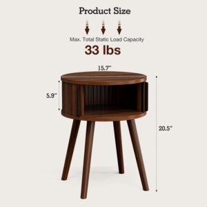 Round Side Table with Sliding Doors, Mid-Century End Table, Walnut | 15.7"D x 20.5"H, Wood tapered legs, 33 lb capacity, ~30 min assembly - Image 2