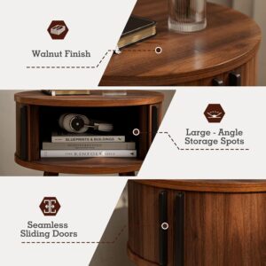 Round Side Table with Sliding Doors, Mid-Century End Table, Walnut | 15.7"D x 20.5"H, Wood tapered legs, 33 lb capacity, ~30 min assembly - Image 3