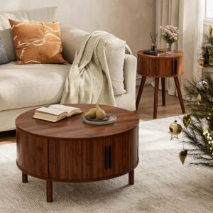 Round Side Table with Sliding Doors, Mid-Century End Table, Walnut | 15.7"D x 20.5"H, Wood tapered legs, 33 lb capacity, ~30 min assembly - Image 6