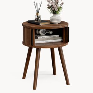 Round Side Table with Sliding Doors, Mid-Century End Table, Walnut | 15.7"D x 20.5"H, Wood tapered legs, 33 lb capacity, ~30 min assembly - Image 7