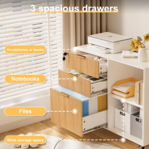 3 Drawer Fluted Mobile Filing Cabinet with Lock, Lateral Rolling Under Desk File Cabinet, Wooden Printer Stand Table for Home Office Essentials Storage Organization Furniture Letters/A4(Oak) - Image 4