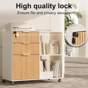 3 Drawer Fluted Mobile Filing Cabinet with Lock, Lateral Rolling Under Desk File Cabinet, Wooden Printer Stand Table for Home Office Essentials Storage Organization Furniture Letters/A4(Oak) - Image 5