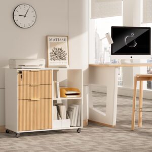 3 Drawer Fluted Mobile Filing Cabinet with Lock, Lateral Rolling Under Desk File Cabinet, Wooden Printer Stand Table for Home Office Essentials Storage Organization Furniture Letters/A4(Oak) - Image 6