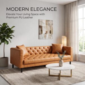 Garvee 81'' Modern Leather Couch for Living Rooms, 3 Deep Seat, Cognac Tan | Mid Century PU Leather Sofa with Plush Backrest & Deep Seat, Chesterfield 3 Seat Couch, Simple Assembly - Image 1