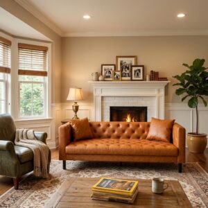 Garvee 81'' Modern Leather Couch for Living Rooms, 3 Deep Seat, Cognac Tan | Mid Century PU Leather Sofa with Plush Backrest & Deep Seat, Chesterfield 3 Seat Couch, Simple Assembly - Image 4