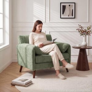 Modern Oversized Accent Reading Chair for Living Room, 43", Chenille, Green | Piping Single Armchair with Quilting Backrest, Padded Arms, Wood Legs for Bedroom, Office, Reception Area - Image 5