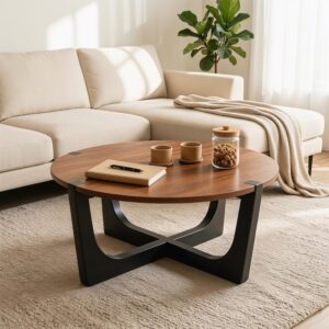 31.5" Round Wood Coffee Table, Mid-Century Modern, Walnut | Farmhouse Center Table with Cross Wood Legs, Easy Assembly - Image 5