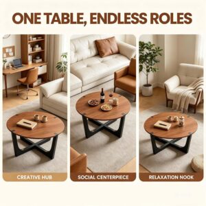 31.5" Round Wood Coffee Table, Mid-Century Modern, Walnut | Farmhouse Center Table with Cross Wood Legs, Easy Assembly - Image 6