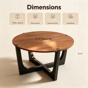 31.5" Round Wood Coffee Table, Mid-Century Modern, Walnut | Farmhouse Center Table with Cross Wood Legs, Easy Assembly - Image 8